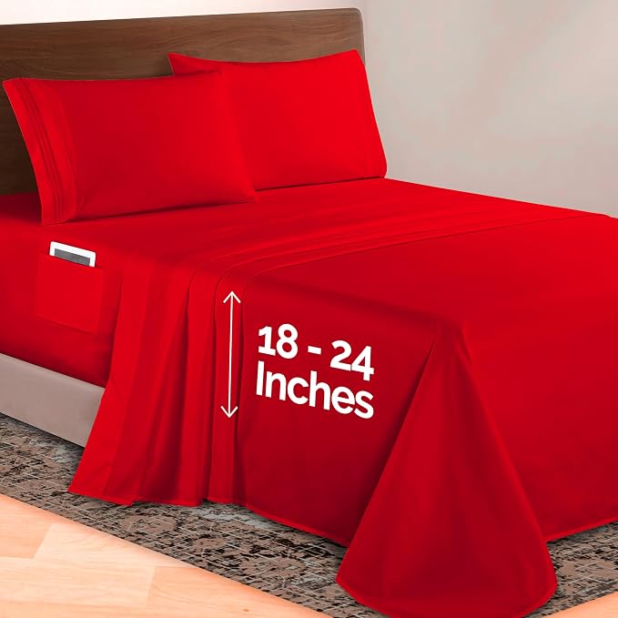 Elegant Comfort Luxurious 1500 Premium Hotel Quality Microfiber 4-Piece Sheet Set, 18-24 Inches Deep - Extra Deep Pocket Sheets - Ultra Soft 4PC Deep Pocket Sheets, Full, Red