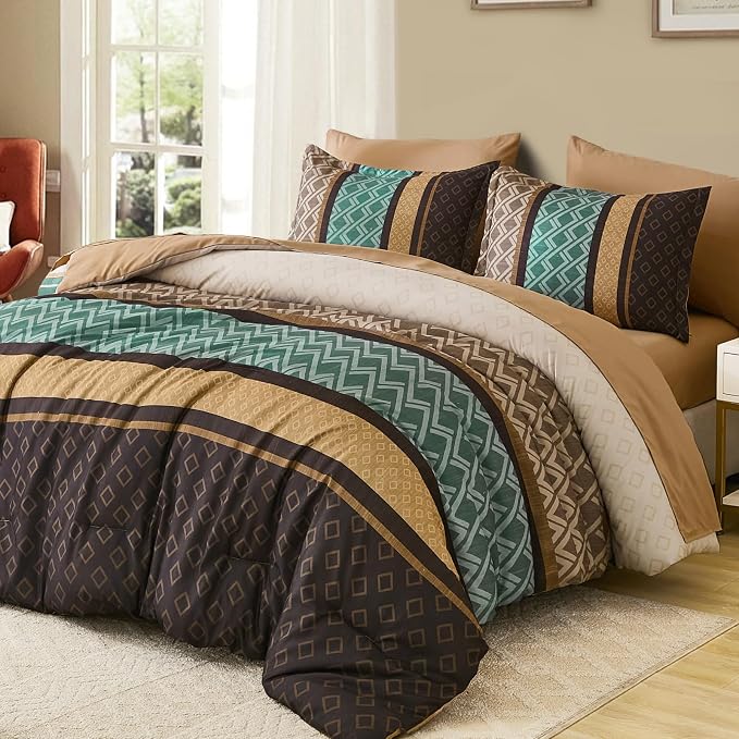 Cottolester Queen Comforter Set 7 Pieces,Boho Striped Bed in a Bag | Brown and Green Bed Set,Soft Microfiber Complete Bedding Sets
