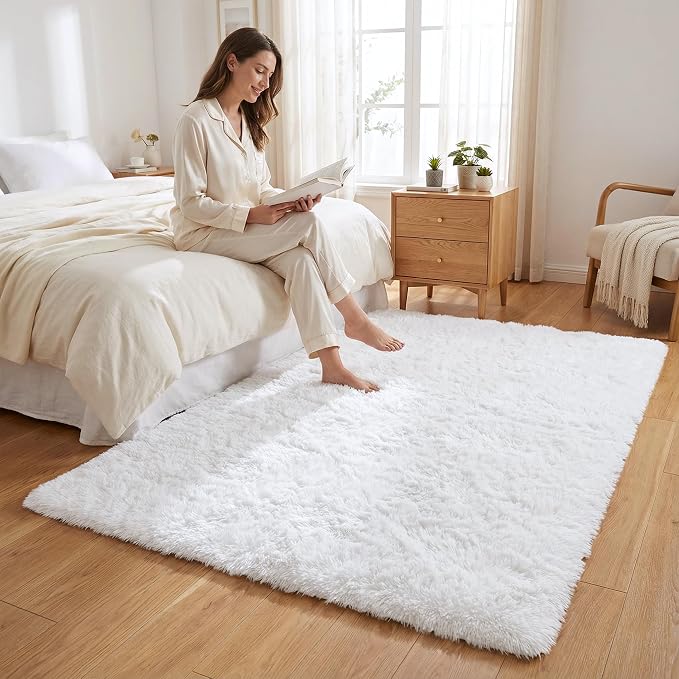 Soft Modern Indoor Shaggy Area Rug for Bedroom Livingroom Dorm Kids Room Home Decorative, Non-Slip Plush Fluffy Furry Fur Rugs Comfy Nursery Accent Floor Carpet 3x5 Feet, White