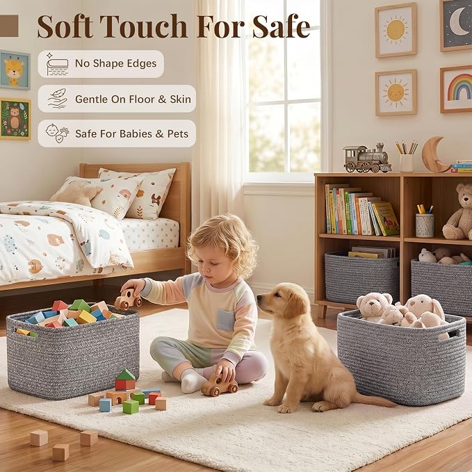 OIASKET 4Packs Natural Cotton Rope Storage Baskets for Organizing Toys, Clothes, Towels & Books, Soft Versatile Organizers for Shelves, Home Decorative Bins, 13''Lx9''Wx7.8''H, Grey