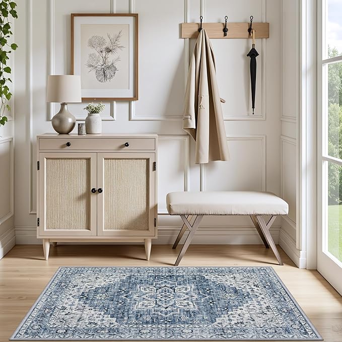 2x3 Area Rugs Living Room: Washable Vintage Rug for Bedroom Blue | Boho No Slip Stain Resistant Rug Soft Indoor Decor Floor Floral 2x3 Area Rugs for Dining Room, Nursery, Hallway, Home Office