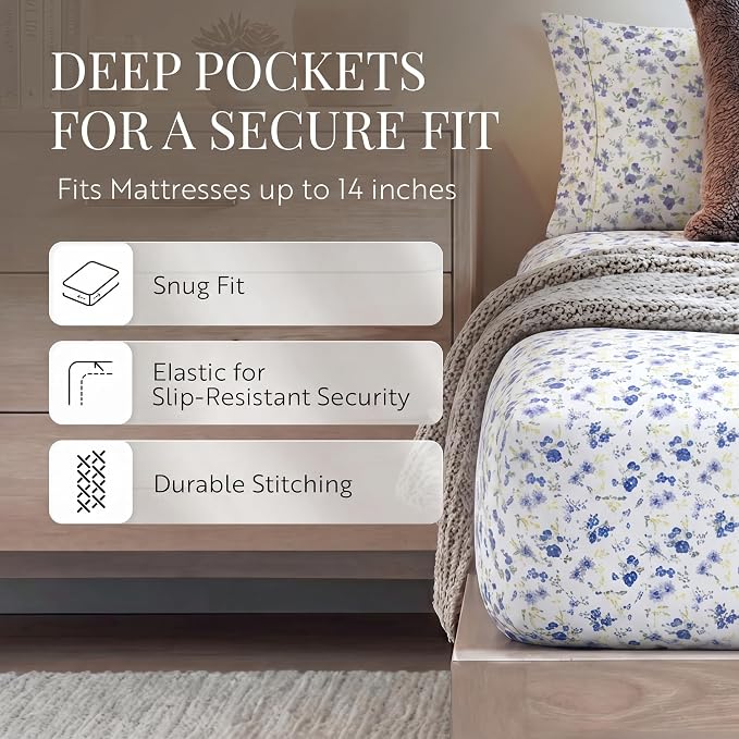Linen Market Double-Brushed Patterned Microfiber California King Sheet Set 4 Piece – OEKO-TEX Certified Ultra Soft & Wrinkle-Free - 16" Deep Pocket Sheets Easy Care Cal-King Size - Blossoms Light Blue