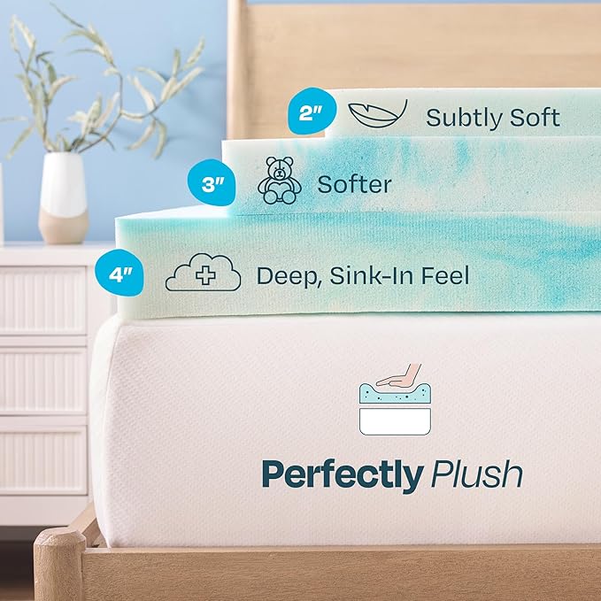 Linenspa 4 Inch Swirl Gel Memory Foam Mattress Topper, Queen Size – Cooling Gel Infused, Ventilation Holes – Pressure Relieving Bed Topper – CertiPUR Certified