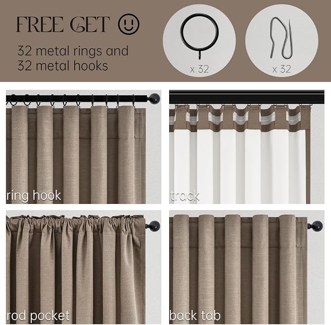 Topfinel 132 Inch Curtains 2 Panels for Bedroom Living Room Darkening Linen Blackout Drapes Thermal Insulated 100% Black Out Linen Drapes Back Tab Large Window Curtains Dark Flax