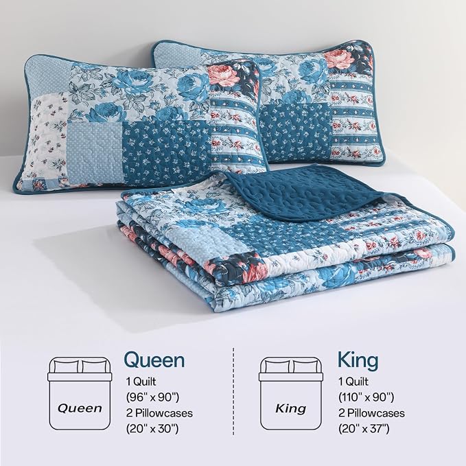 Anibedding Quilt Set King Size, 3 Pieces Blue Floral Patchwork Bedspread with Red Flower Pattern Coverlet Set, Soft Microfiber Bedding Set Reversible Bed Cover for All Season 110''x90''