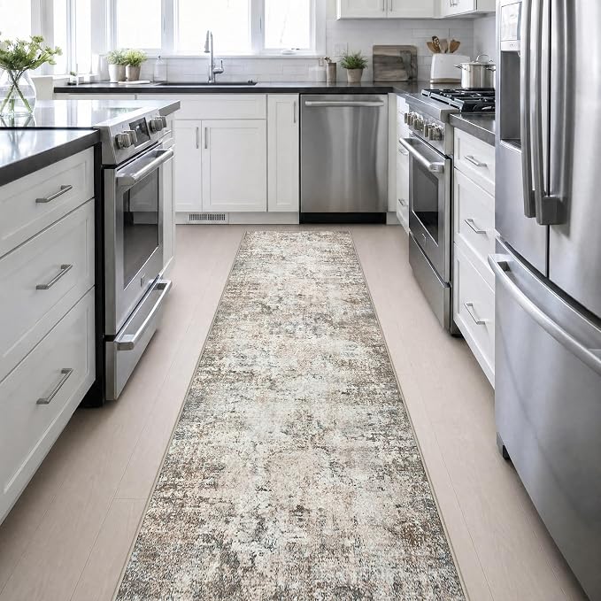 2.6x14 Washable Runner Rug:Modern Abstract Indoor Soft Carpet Brown | For Hallway, Bedroom, Kitchen, Laundry, Bathroom,Door Mat,Modern Abstract,Machine washable,Non-Slip,Stain Resistant,Indoor