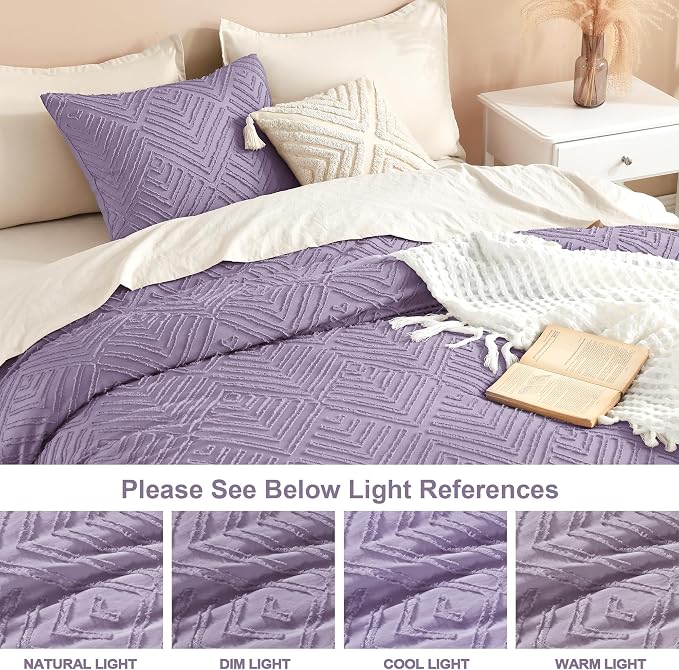 Litanika Queen Size Comforter Set, 3 Pieces Tufted Boho Bedding Set | Grayish Purple Farmhouse Shabby Chic Vintage Bohemian Textured Aesthetic Soft Fluffy Breathable All Season Bed Set
