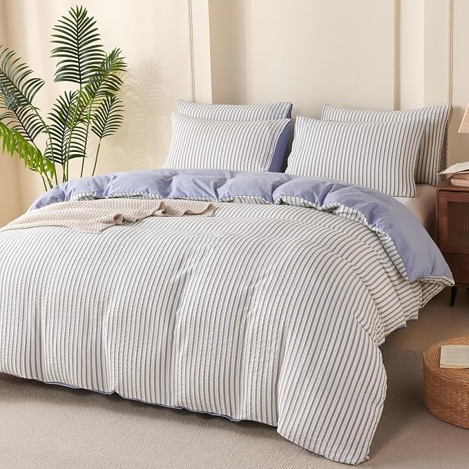 Comforter Set King Size Blue Striped Soft Luxury Washed Microfiber Jacquard 3 Pieces Bedding, White Blue Vertical Ticking Stripes Pattern Comforter with 2 Pillowcases Breathable Durable Comfy