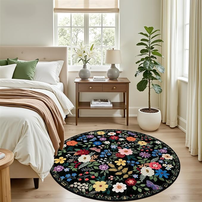 PLHXFR Round Area Rug Living Room: 4 ft Floral Washable Soft Carpet Black | For Bedroom Dining Room Farmhouse Nursery Hallway,Vintage Floral,Machine washable,Non Slip,Stain Resistant,Large Indoor