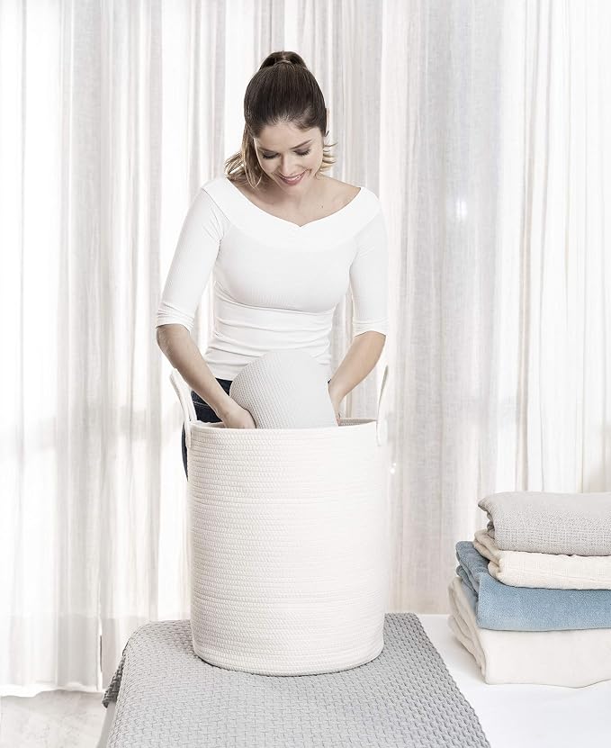 OrganiHaus Tall Cotton Rope Laundry Basket & Hamper, Blanket Storage 52L | Full Off-White - Tall Cotton Rope Hamper, 52L
