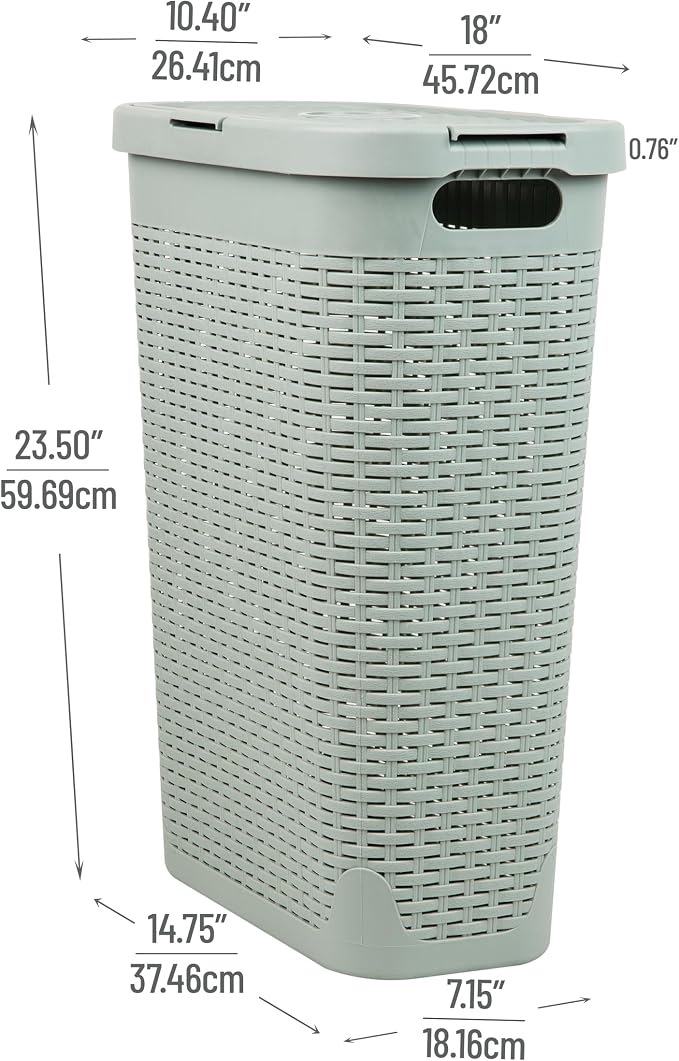 Mind Reader Slim Laundry Hamper with Lid, 40L Clothes Basket, Narrow Tapered Design with Ventilated Cutout Pattern, Plastic, Mint