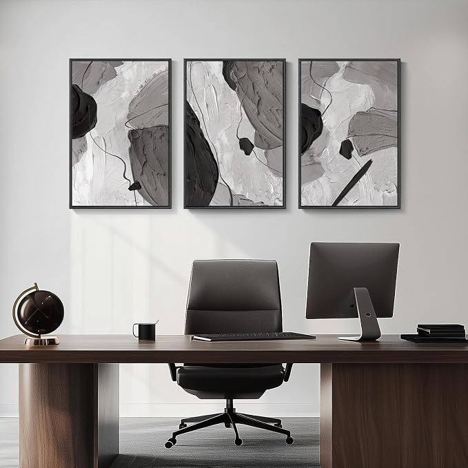 Large Framed Black and White Abstract Wall Art for Living Room, 20x30 Inch | Set of 3 Canvas Prints, Black and White Gray Pictures, Modern Artwork, Minimalist Paintings, Bedroom Dining Room Wall Decor