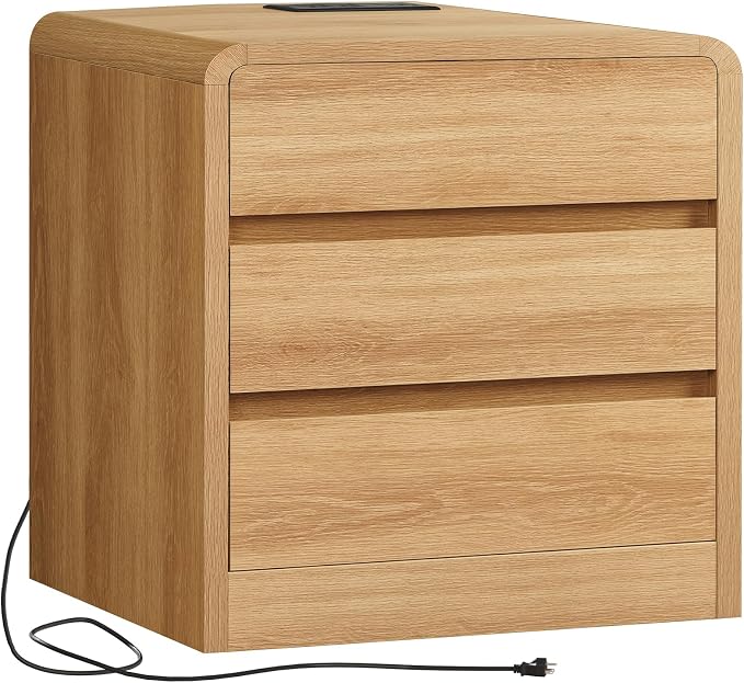 TEENFON Night Stand, NightStand with 3 Storage Drawer and Charging Station, Bedside Table, Modern End Tables Wide Night Stands for Bedroom Sofa Couch Home Office, Natural