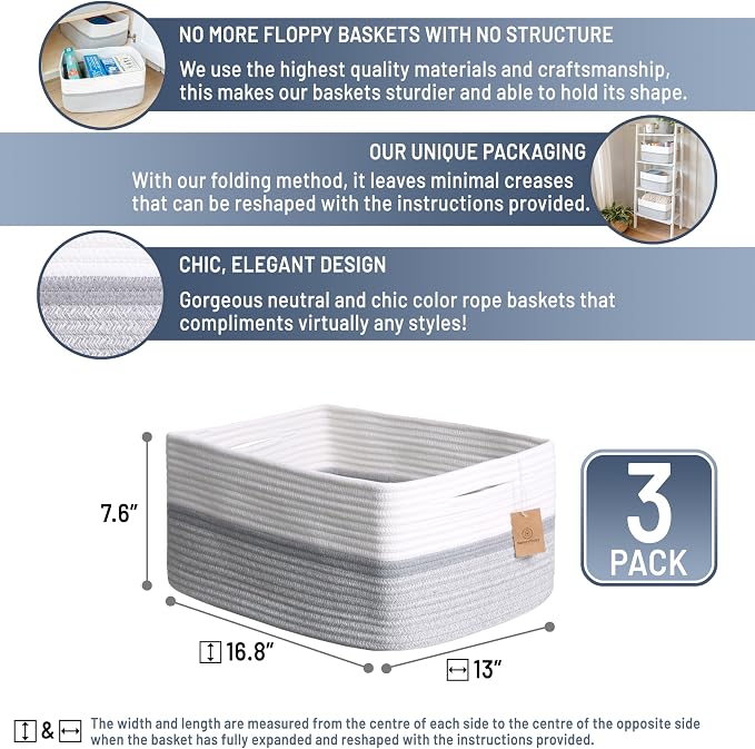 NaturalCozy Storage Baskets 16.8”x13”x7.6” Cotton Rope Woven Baskets for Organizing 3-Pack | Toy Storage Bins | Basket for Shelves, Laundry, Blanket, Clothes, Closet, Kitchen, Bathroom, Gifts