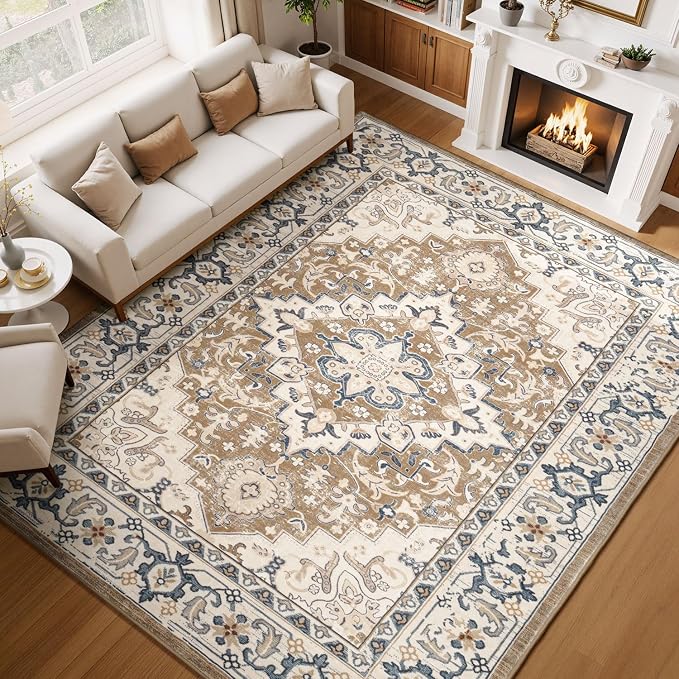 Large Area Rugs 10x14 for Living Room,Washable Rug Boho Brown Beige | Faux Wool Low Pile Area Rug for Bedroom, Floral Medallion Vintage Carpet Non-Slip, Kid & Pet Friendly, All Vacuums Compatible