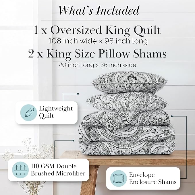Southshore Fine Living, Inc. Boho King Quilt Set, Lightweight Bedspread, Summer Coverlet, 3-Piece Paisley Bedding Set with Two Matching Quilted Pillow Shams, California King Quilts, Black