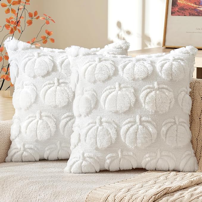 MIULEE Fall Pillow Covers Pumpkin Fall Decor 18x18 Pure White | Set of 2 Fall Decorations for Home, Plush Faux Fur Farmhouse Accent Pillowcases, Porch Sofa Couch Cushion Bed Livingroom