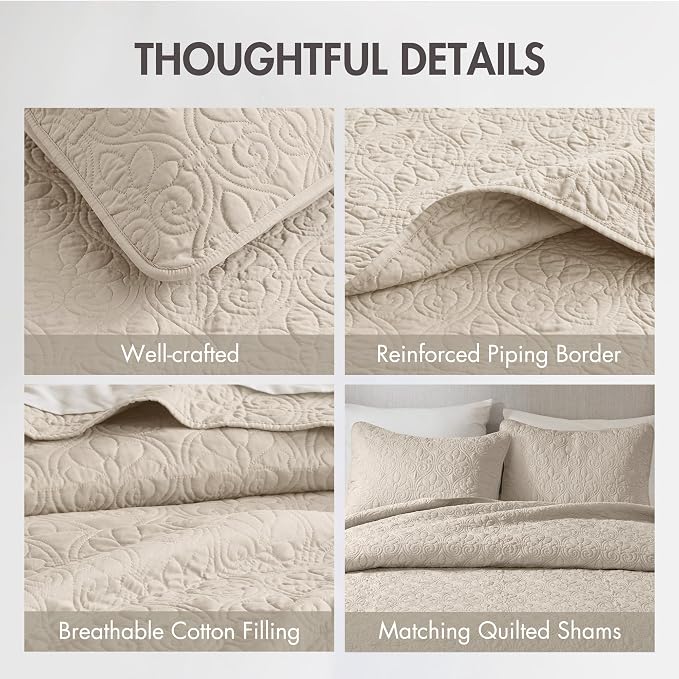 Madison Park Luxurious Cotton Damask Quilt Set, 2PC Twin/Twin XL Bed Set | All Season, Lightweight Stitching Coverlet Bedspread Bedding Stitching with Shams, Cream