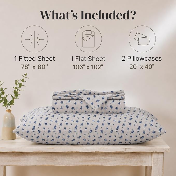 Modern Threads 4-Piece Ultra Soft Microfiber Bed Sheets Set, Wrinkle Free Sheets with Deep Pockets Fitted Sheet, Flat Sheet & Pillowcases, Lightweight Breathable Bedding, Blue Roses, King