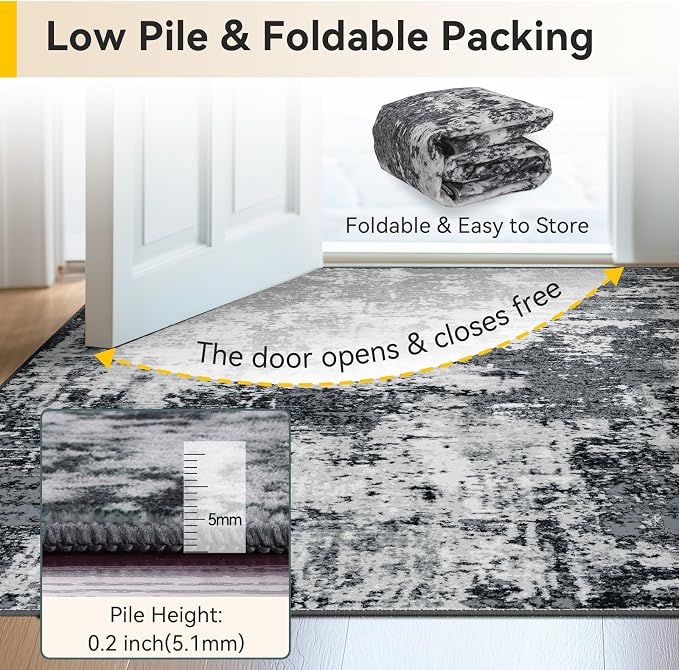 RELEANY Washable Runner 2'6"x14' Abstract Area Rug for Hallway Black White | Carpet for Kitchen, Entryway, Bathroom, Living Room, Bedroom, Printed Pattern, Non‑Slip, Soft, Stain‑Resistant, Easy to Clean