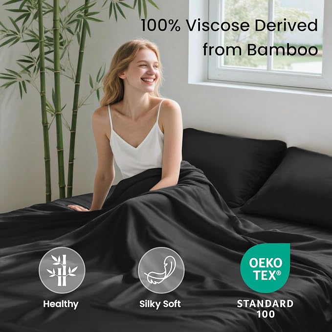 Love's cabin 3 Piece Twin Sheet Set, 100% Rayon Derived from Bamboo, Cooling & Breathable, Soft Silky Deep Pocket up to 16", Hotel Luxury Bedding for Hot Sleepers, Black