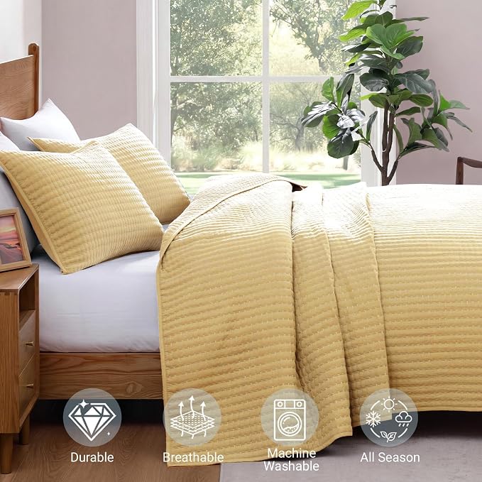 Queen Quilt-Lightweight Bedspreads Yellow Queen Size Quilt Bedding Set | Soft Coverlet with 2 Pillow Shams for All Seasons, Suitable for Bed, Couch, 3 Pieces, 90"x94"