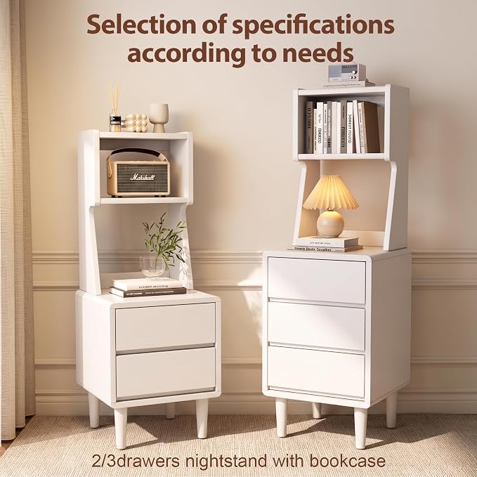 Solid Wood Bookshelf Nightstand Combo, Tall Nightstand with Bookshelf | White Nightstand Bookshelf,Solid Wood Nightstand with Drawers,Open Shelf Bookcase,for Bedroom,Living Room,Offices