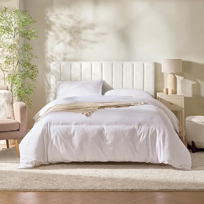 Hearth & Harbor Wall Mounted Twin Headboard Only, Bed Headboard Twin Size | Easy Assemble, Floating Peel & Stick, Upholstered Channel Stitched, 3D Wall Panels, 5 Strips of 3M Tape Included, Off White