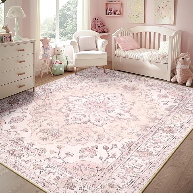 RELEANY Washable Area Rug, 5'x8', Pink | Non-Slip, Water Repellent, Pet Friendly, Easy to Clean, Vintage Floral Boho Decor for Living Room Bedroom Dining Room Office