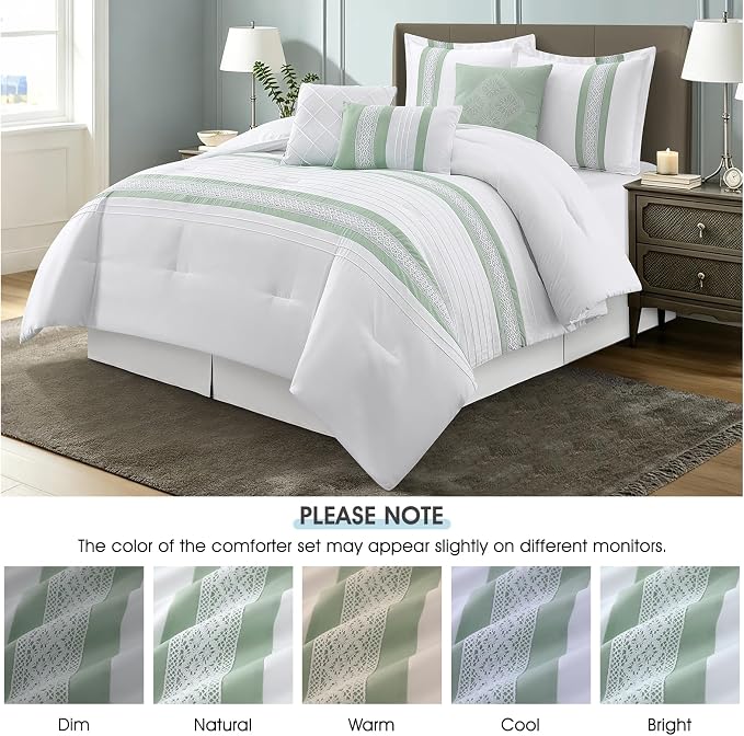 7 Piece Comforter Set, Sage White, Queen Size, Boho Style Geometric Microfiber Embroidery, Bed in a Bag with Bedskirt, Pillow Shams and Decor Pillows