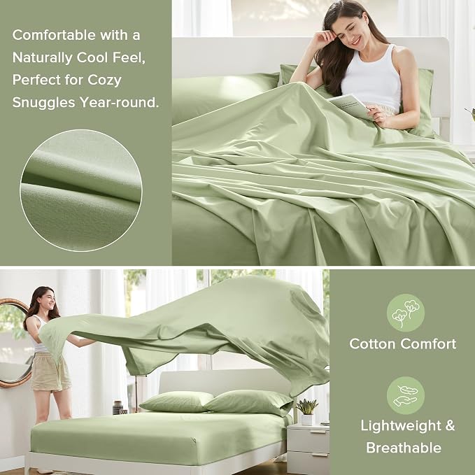 Comfort Spaces 100% Cotton Percale Sheets Twin XL Size 3 Piece, Sage Green | Crisp, Cool & Breathable Bed Sheets, 12" Deep Pocket Fits Up to 14" Mattress, Lightweight, All Season Cozy, with Pillow Case