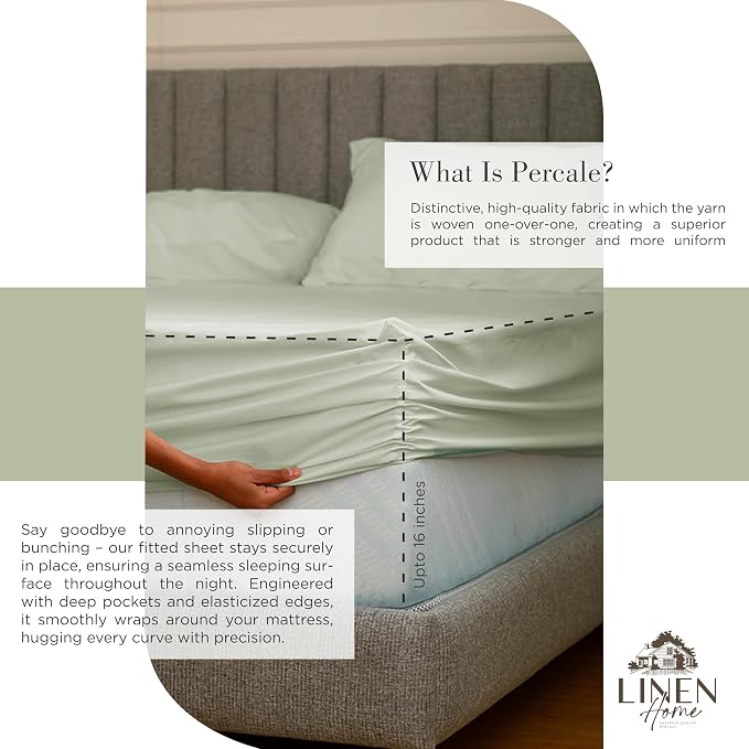 Linen Home 100% Cotton Percale Sheets King Size, Sage, Deep Pocket, 6 Pieces Set- 1 Flat, 1 Fitted and 4 Pillowcases, Crisp Cool and Long Staple Strong Bed Linen
