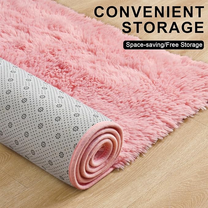 Modern Soft Fluffy Small Shaggy Rug for Bedroom Livingroom Dorm Kids Room Indoor Home Decorative, Non-Slip Plush Furry Fur Area Rugs Comfy Nursery Accent Floor Carpet 5X7 Feet,Pink