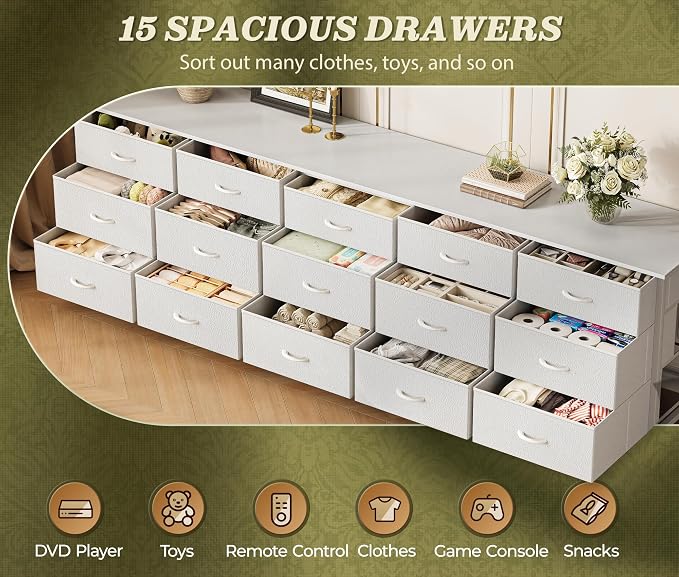 Huuger 78.7 inch Long Dresser for Bedroom, 15 Drawer Fabric Dresser for Closet, Large TV Stand for 65, 75, 85 inch TV, Wide Chest of Drawer with Storage, 78.7" W x 12.9" D x 26.7" H, White
