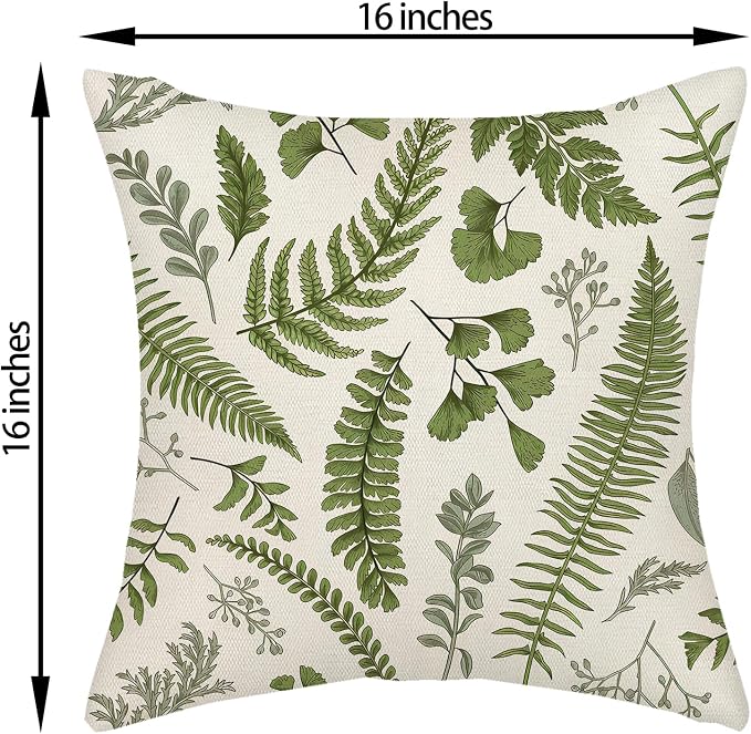 Sage Green Spring Pillow Covers 16x16 Inch 2 Pcs Vintage Leaf Plant Decor Throw Pillows Tropical Botanical Leaves Seasonal Outdoor Decoration Pillowcase Linen Cushion Cover for Couch Sofa