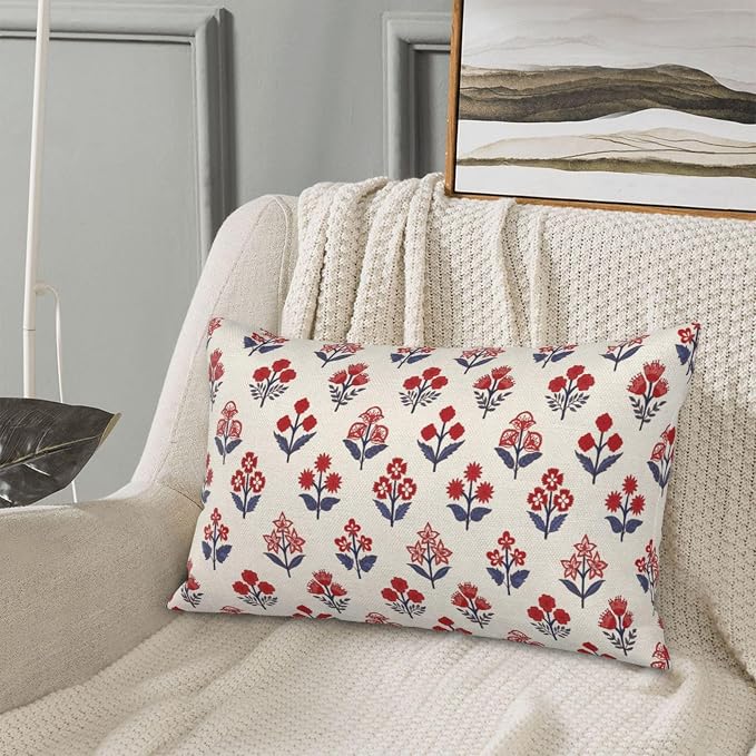 4th of July Pillow Covers 12x20 Inch 2 Pcs Red Blue Block Print Vintage Floral Patriotic Outdoor Decor Throw Pillows Memorial Day Holiday Decoration Pillowcase Linen Cushion Cover for Couch