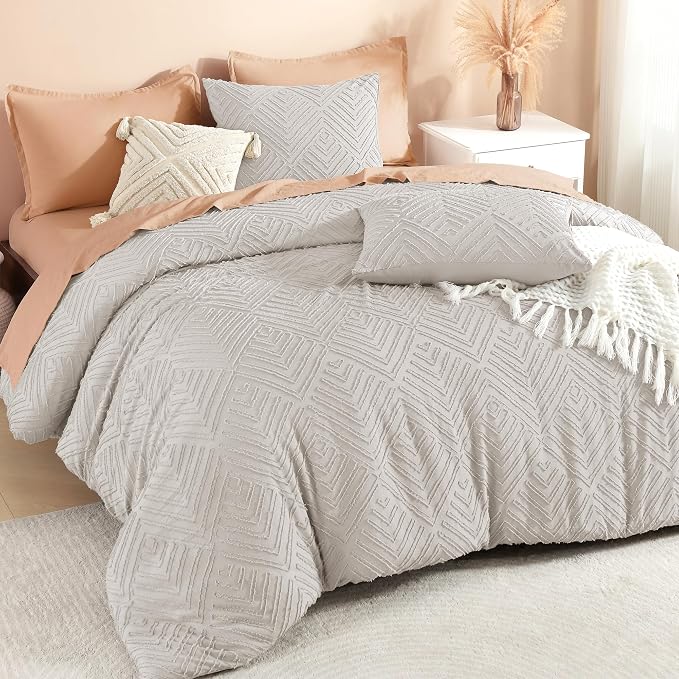 Litanika California King Comforter Set, 3 Pcs Tufted Boho Bedding Set | Linen Grey Farmhouse Shabby Chic Vintage Bohemian Textured Aesthetic Soft Fluffy Lightweight Breathable All Season Bed Set
