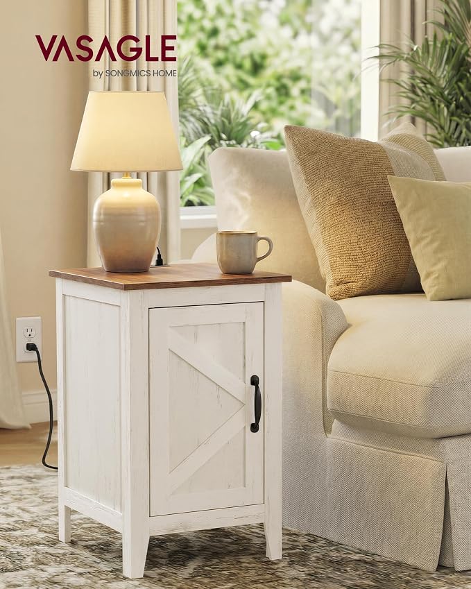 VASAGLE LIRY Collection - End Table with Charging Station, Narrow Side Table with Storage Cabinet, Nightstand for Bedroom, Home Office, Rustic White and Honey Brown ULET131W101S