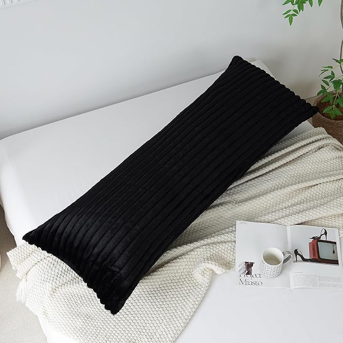 Full Body Pillow with Fluffy Stripe Faux Fur Removable Cover, Long Bed Pillow Adult 20x54 Inches for Side Sleeper and Pregnancy, Black.