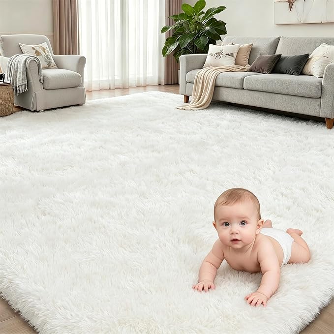 8x10 Area Rug Living Room Bedroom: Fluffy Plush Shag Carpet Ivory | For Kids Room Playroom Nursery Home Decor,Ultra Soft,Non-Slip Non-Shedding,Fuzzy Plush,Large Indoor Floor Carpet,Easy Clean