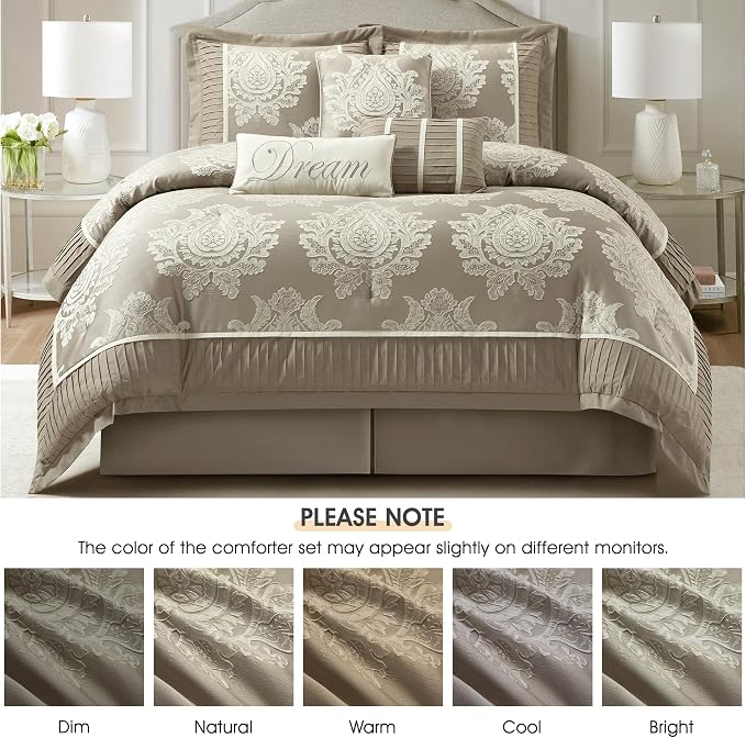 Beige Oversized Comforter Set 7 Pieces, Jacquard Woven with Damask, Bedding Set in a Bag Includes Comforter, Bed Skirt, Pillow Shams, and Decorative Pillows