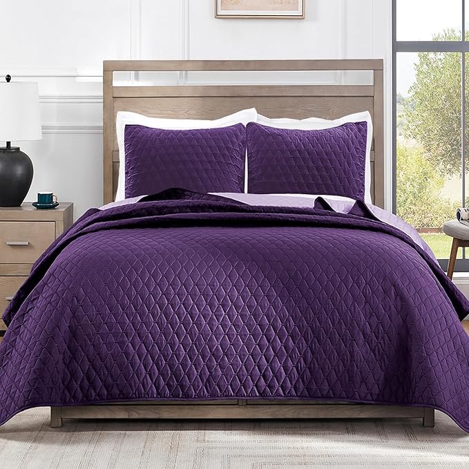 Exclusivo Mezcla Reversible Full Queen Quilt Bedding Set, Deep Purple | Lightweight Bedspreads with 2 Pillow Shams, Soft Microfiber, All Season Bed Coverlets for Bedroom Guest Room, 90x96 Inch