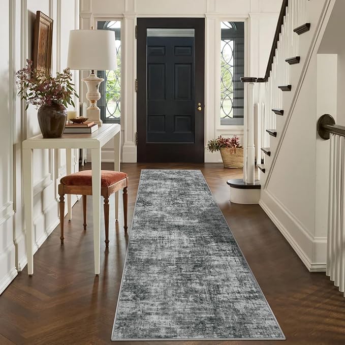 2'6''x8' Runner Rugs Washable Rug: Modern Abstract Hallway Black Carpet | Non-slip TPE backing makes this washable soft low-pile rug safe & durable, Pet-friendly decor for dining room,nursery,office