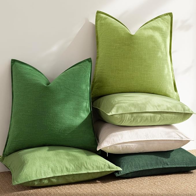 Foindtower Linen Solid Decorative Throw Pillow Covers 24x24 Inch Lush Green | Boho Farmhouse Morden Pillowcase,Pack of 2 Soft Accent Cushion Covers,Rustic Home Decor for Chair Couch Bedroom Living Room