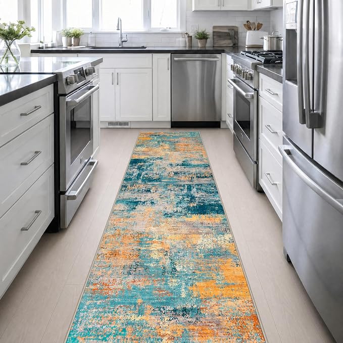 2.6x14 Washable Runner Rug:Modern Abstract Soft Carpet Rosy Haze | For Hallway, Bedroom, Kitchen, Laundry, Bathroom,Door Mat,Modern Abstract,Machine washable,Non-Slip,Stain Resistant,Indoor