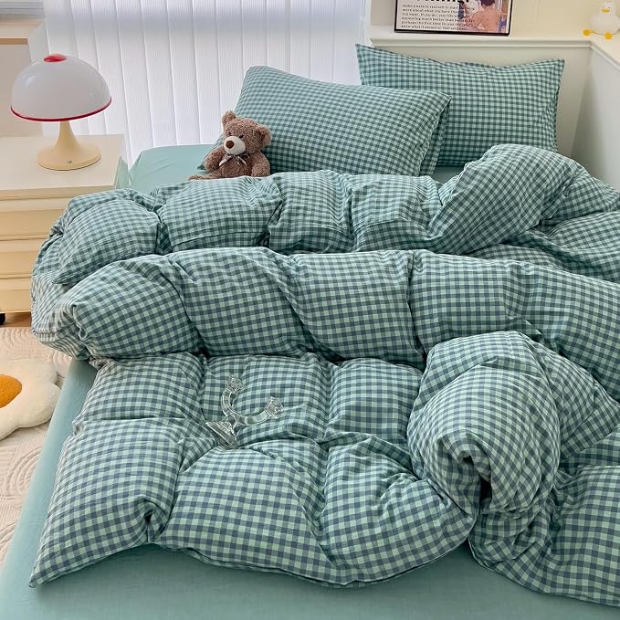 LifeTB Twin XL Comforter Set Green Gingham Comforter for Men Boys Geometric Plaid Comforter Set Fluffy Soft Plaid Gingham Bedding Set Green Blue Grid Checkered Pattern Comforter with 2 Pillowcases