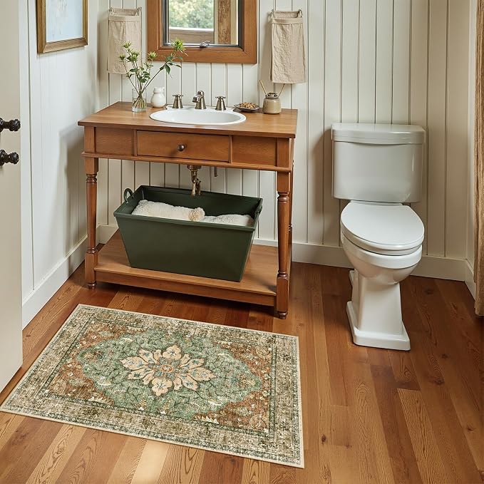 RELEANY Washable Area Rug, Small 2'x4', Brick/Brown/Green | Non-Slip, Water Repellent, Pet Friendly, Easy to Clean, Vintage Floral Boho Decor for Kitchen Entryway Bathroom