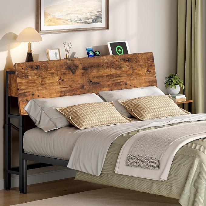 HOOBRO Height-Adjustable Headboard with Outlets, Headboard Queen Size Only | Headboard with Storage, Outlets, USB Ports, Queen Size Headboard Only, Metal Headboard with Adapters for Bed, Rustic Brown
