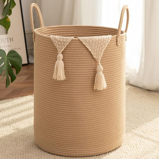 OIAHOMY 60L Nursery Hamper Laundry Basket Laundry Hamper Yellow | collapsible Blanket Basket Cotton Rope Woven Basket Dirty Clothes Hamper Baby Hamper Tall Clothes Hamper with Handles