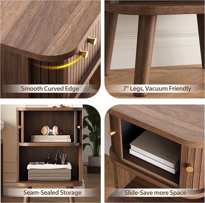 Decofy Fluted Nightstand Set of 2, Charging Station & Sliding Doors, Walnut | Open Shelf, Space-Saving, Concealed Cabinet Storage, Mid Century Modern Bedside Tables, Bedroom End Tables